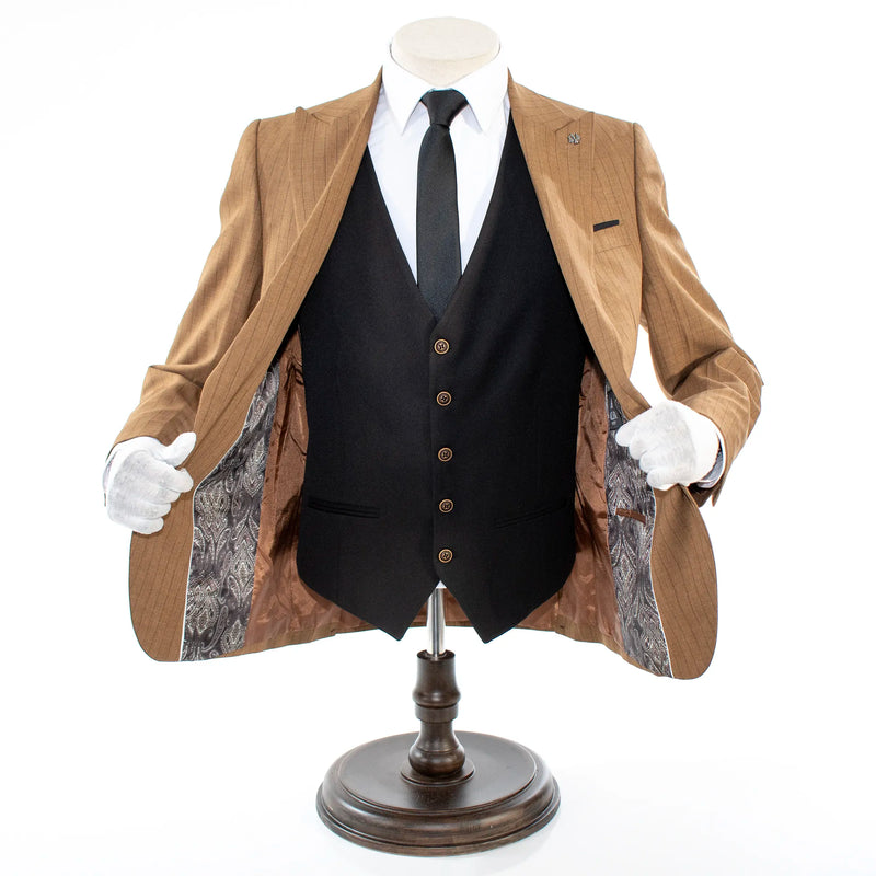 Men's Taupe with Black Pinstripe 3-Piece Slim-Fit Suit
