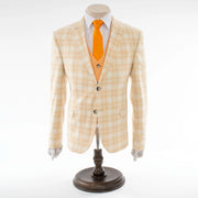 Beige Plaid 3-Piece Tailored-Fit Suit With Peak Lapels