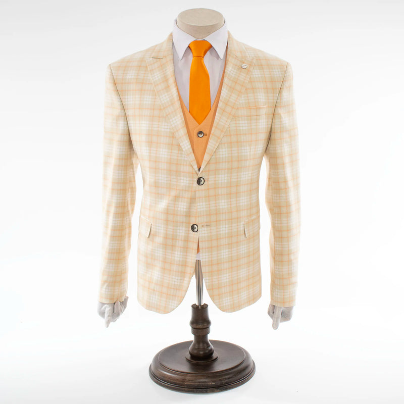 Beige Plaid 3-Piece Tailored-Fit Suit With Peak Lapels
