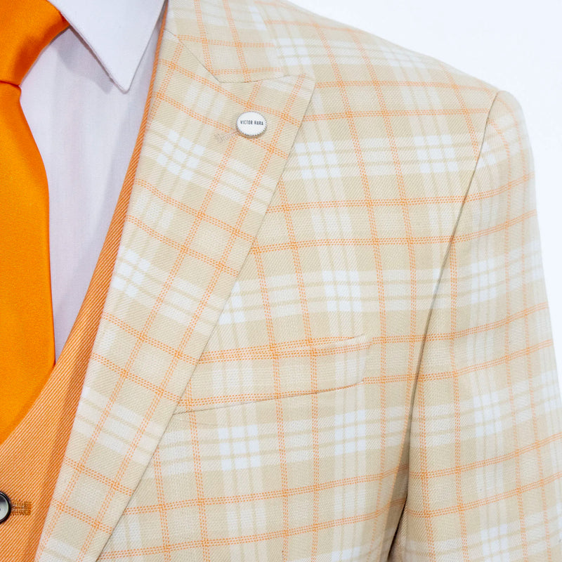 Beige Plaid 3-Piece Tailored-Fit Suit With Peak Lapels