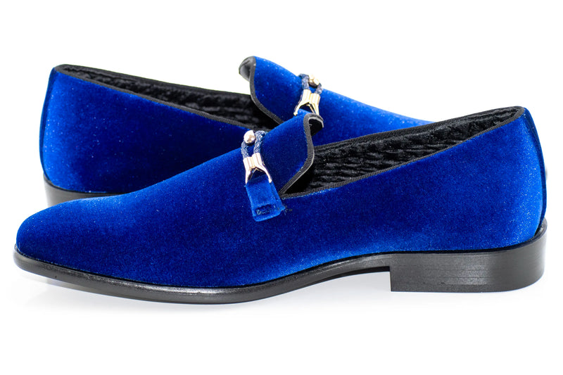 Royal Blue Velvet Smoking Loafer with Braided Leather Snaffle