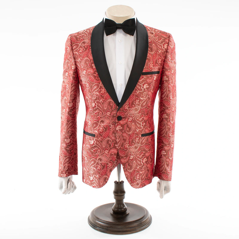 Burgundy Classic Paisley 3-Piece Slim-Fit Tuxedo With Satin Shawl Lapels