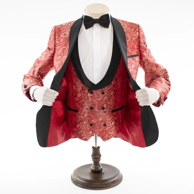 Burgundy Classic Paisley 3-Piece Slim-Fit Tuxedo With Satin Shawl Lapels