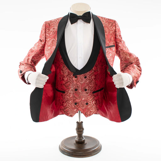 Burgundy Classic Paisley 3-Piece Slim-Fit Tuxedo With Satin Shawl Lapels