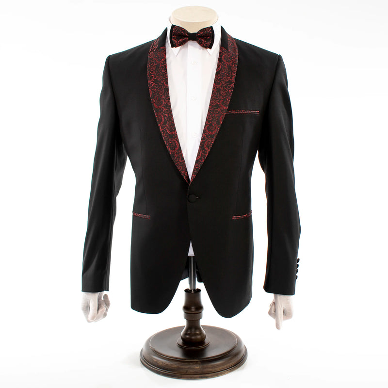 Black 2-Piece Slim-Fit Tuxedo with Burgundy Pattern Shawl Lapel