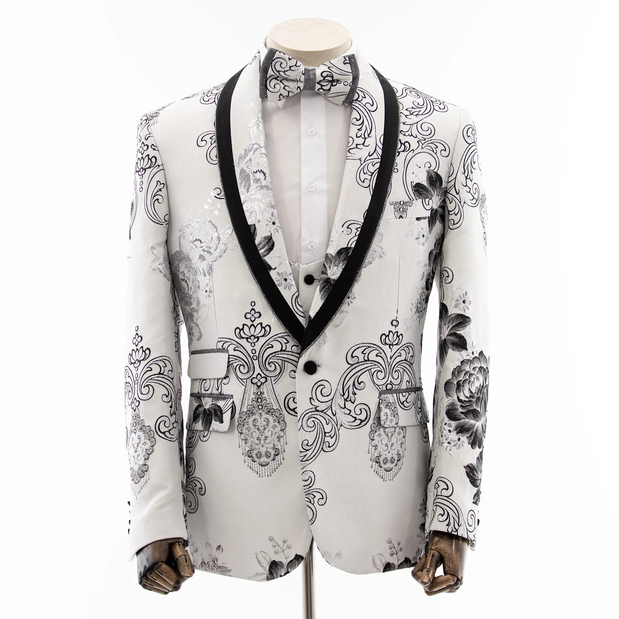 White Floral Baroque 3-Piece Slim-Fit Tuxedo