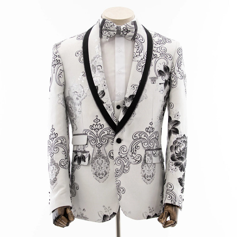 White Floral Baroque 3-Piece Slim-Fit Tuxedo