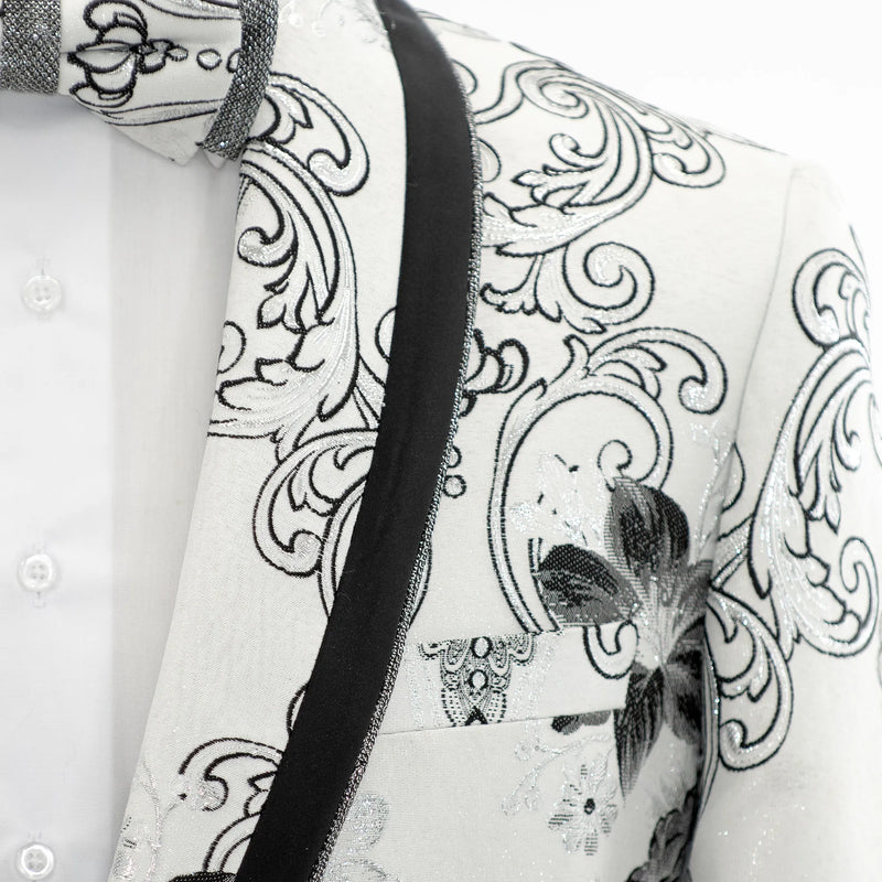 White Floral Baroque 3-Piece Slim-Fit Tuxedo