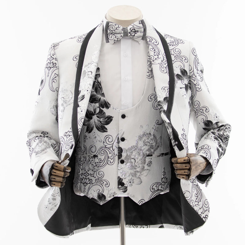 White Floral Baroque 3-Piece Slim-Fit Tuxedo
