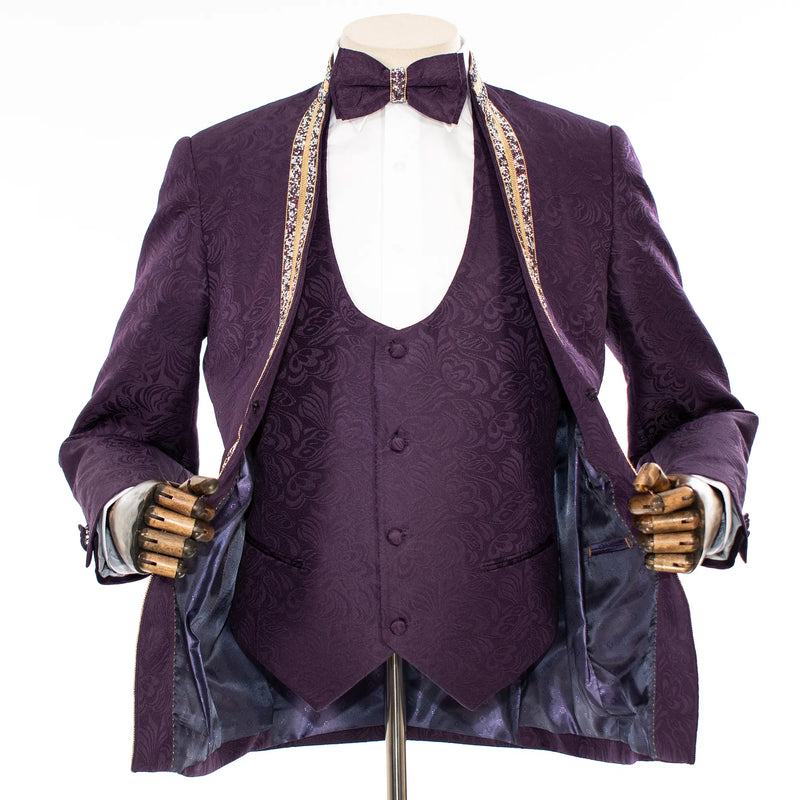 Eggplant Baroque No-Lapel 3-Piece Slim-Fit Tuxedo