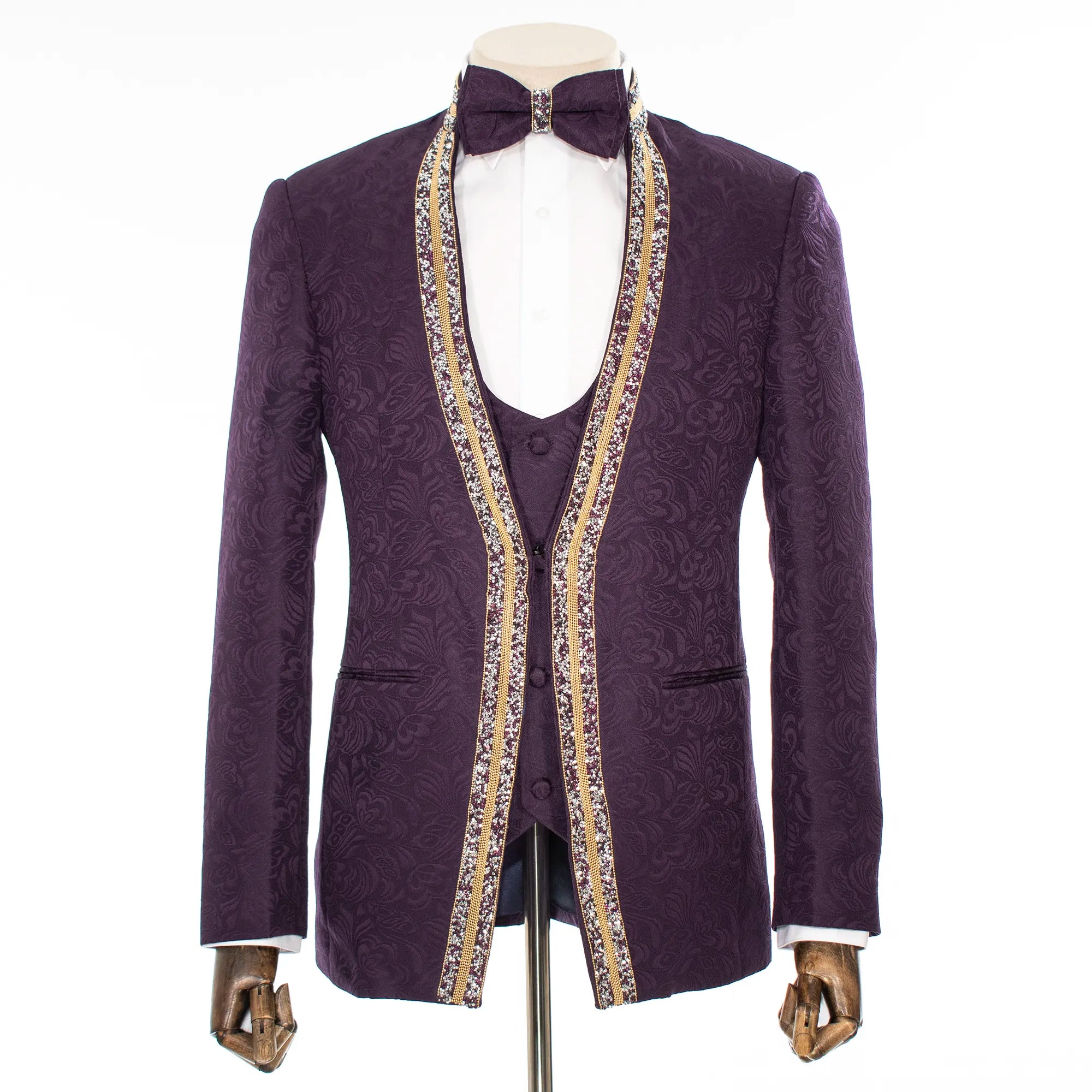 Eggplant Baroque No-Lapel 3-Piece Slim-Fit Tuxedo