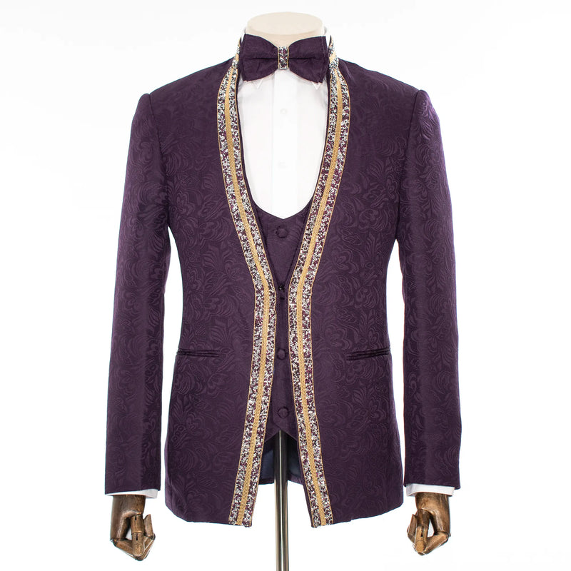 Eggplant Baroque No-Lapel 3-Piece Slim-Fit Tuxedo