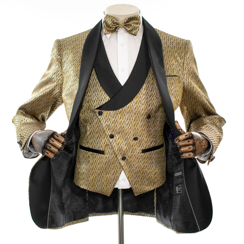 Gold Metallic Patterned 3-Piece Tailored-Fit Tuxedo