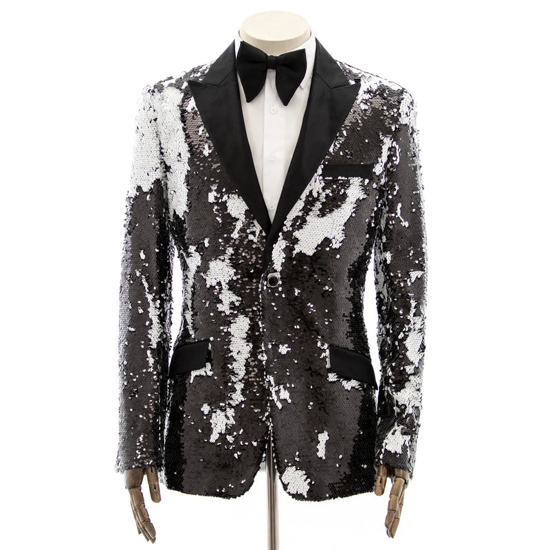 Black and White Sequined Slim-Fit Dinner Jacket
