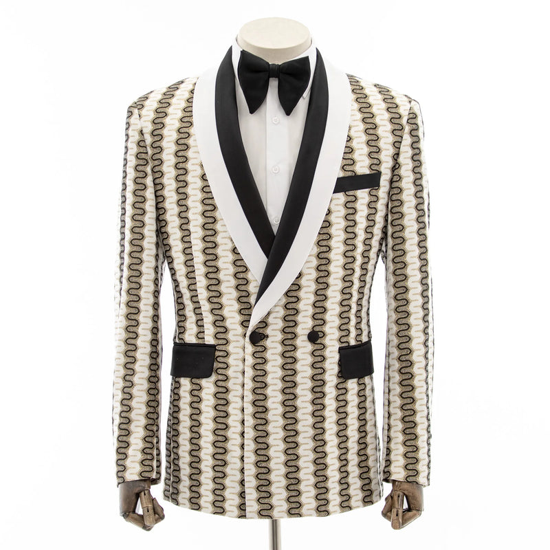 White and Gold Ripple Slim-Fit Tuxedo Jacket