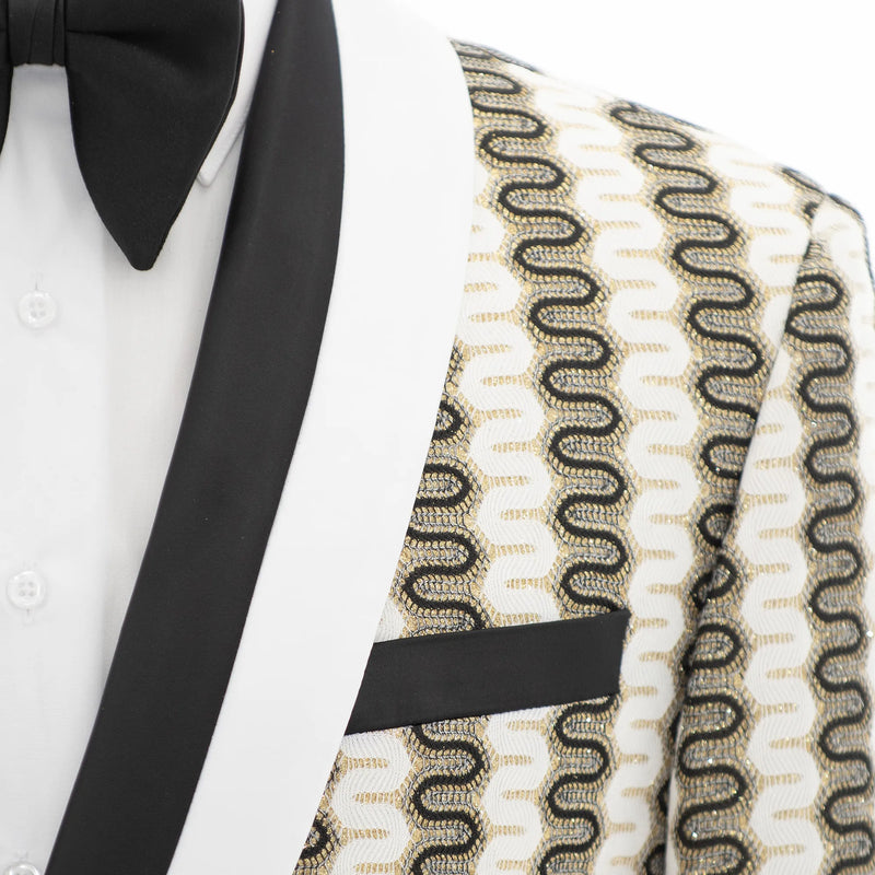 White and Gold Ripple Slim-Fit Tuxedo Jacket