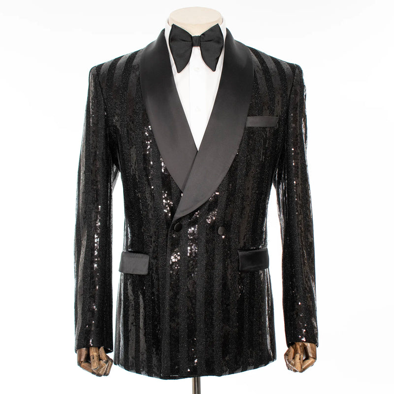 Black Sequin Striped Slim-Fit Tuxedo Jacket