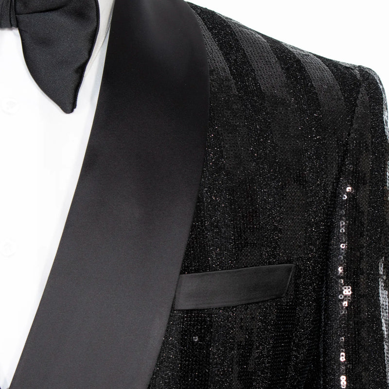 Black Sequin Striped Slim-Fit Tuxedo Jacket