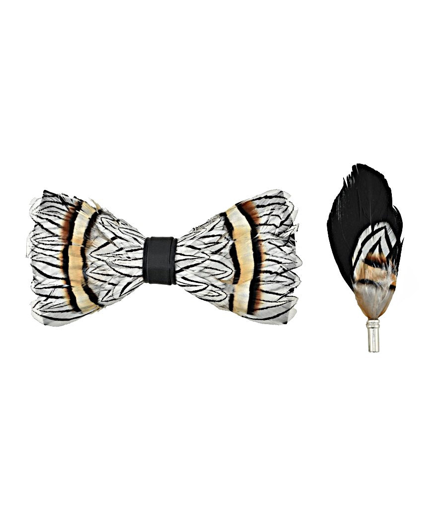Feather Bow-Tie And Lapel Pin Set