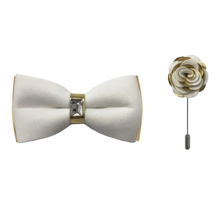 Gold Two-Toned Velvet Bow Tie and Lapel Pin