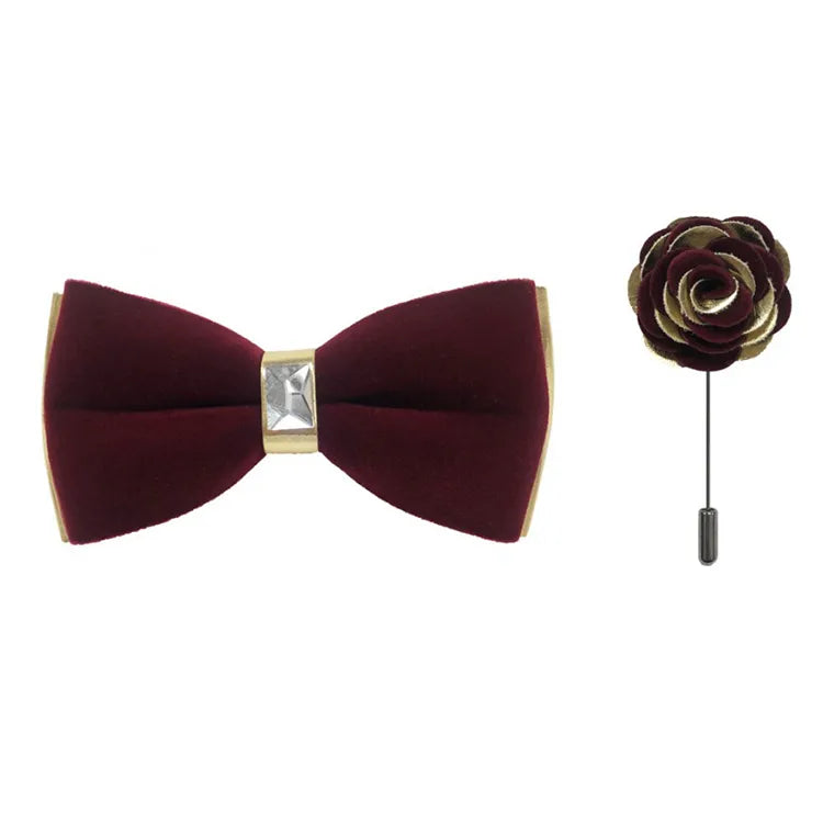 Gold Two-Toned Velvet Bow Tie and Lapel Pin
