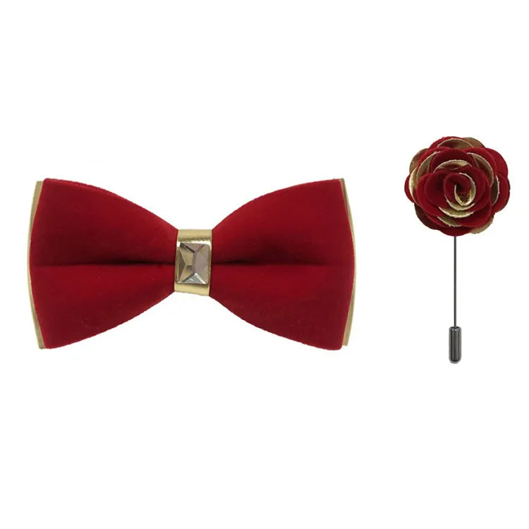 Gold Two-Toned Velvet Bow Tie and Lapel Pin
