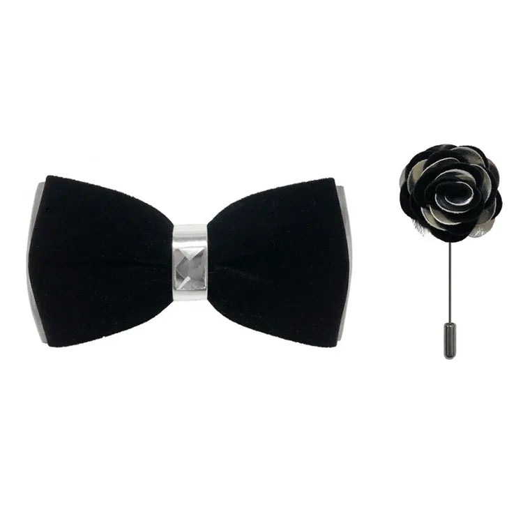 Silver Two-Toned Velvet Bow Tie and Lapel Pin