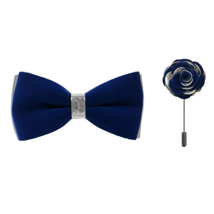 Silver Two-Toned Velvet Bow Tie and Lapel Pin