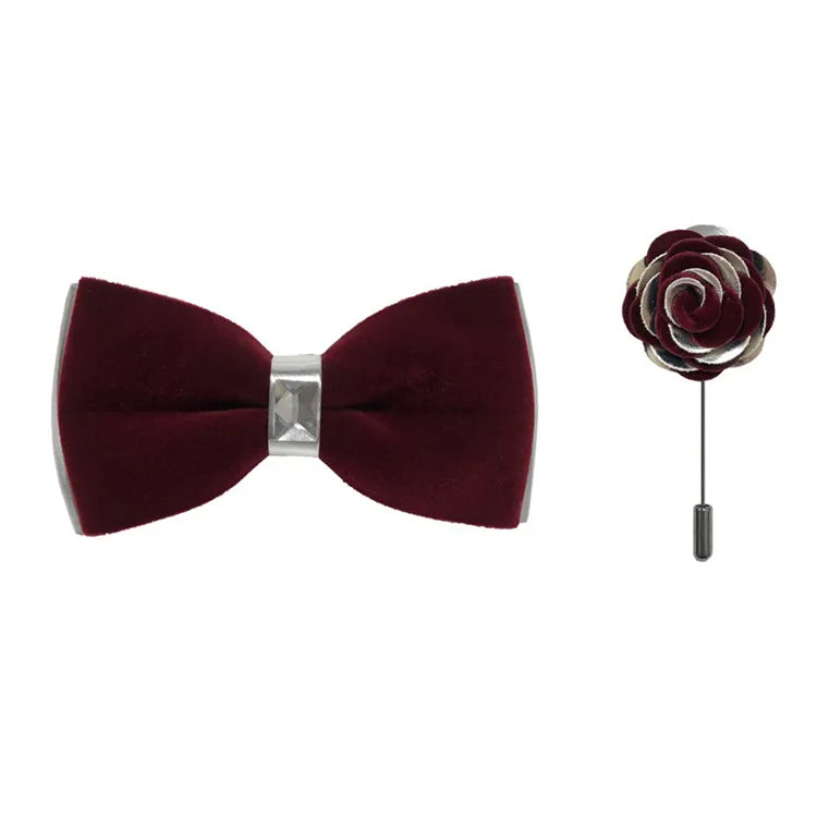 Silver Two-Toned Velvet Bow Tie and Lapel Pin