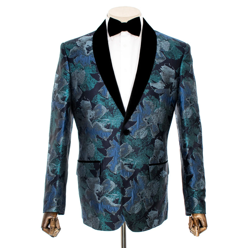Sapphire Metallic Floral Slim-Fit Tuxedo Jacket