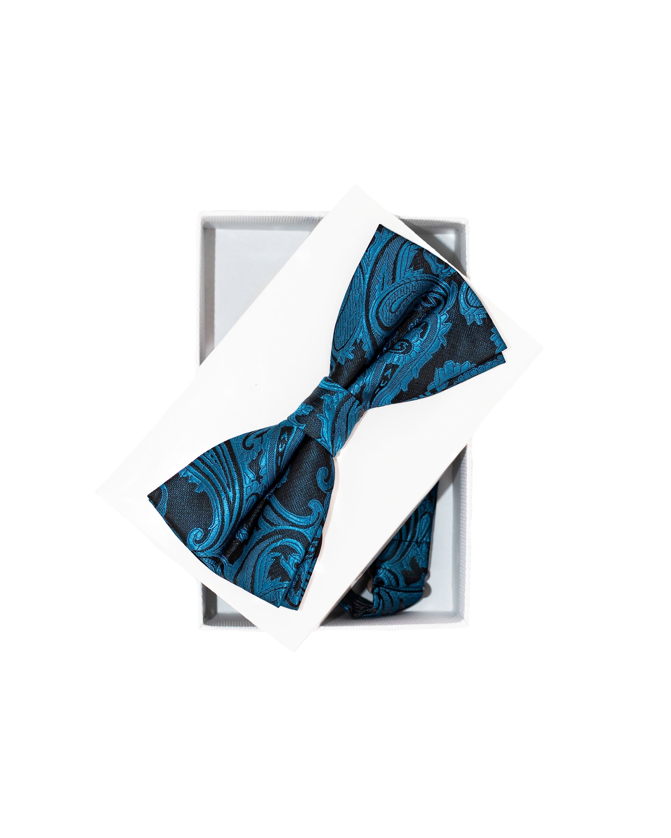 Blue and Black Paisley Pre-Tie Bow Tie with Matching Handkerchief | Dolce Vesta | One Size Fits All