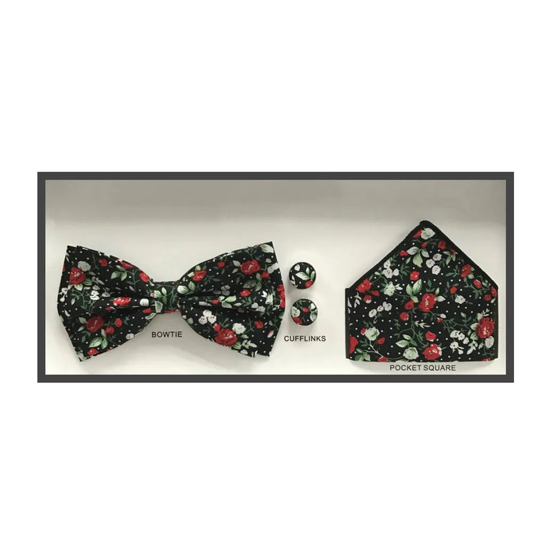 3-Piece Black Floral Bow Tie Set