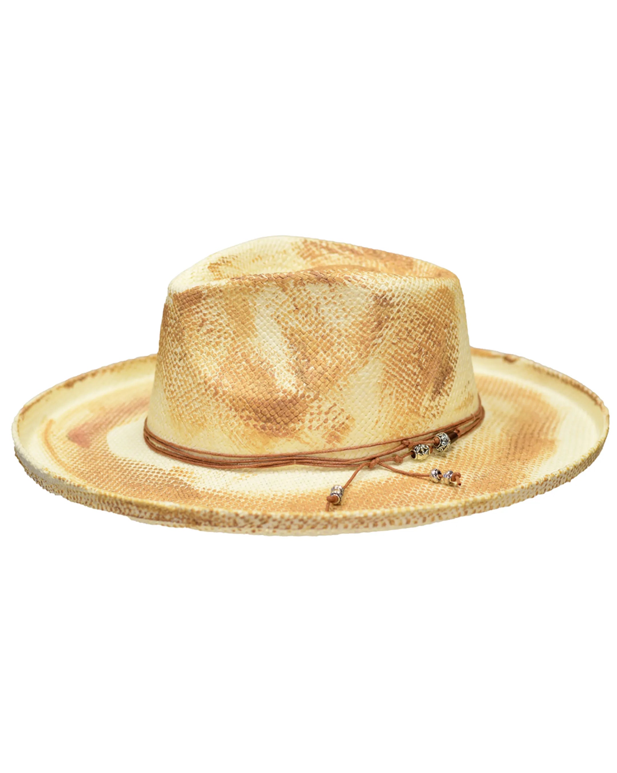 Natural Straw Distressed Fedora Hat with Wide Pencil Curl Brim
