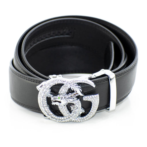 Silver Rhinestone Encrusted Dragon G Belt Buckle