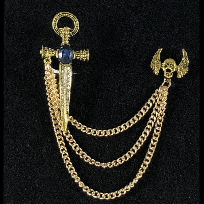 Gothic Dagger & Skull Chain Brooch Lapel Pin
