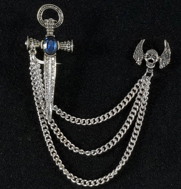 Gothic Dagger & Skull Chain Brooch Lapel Pin
