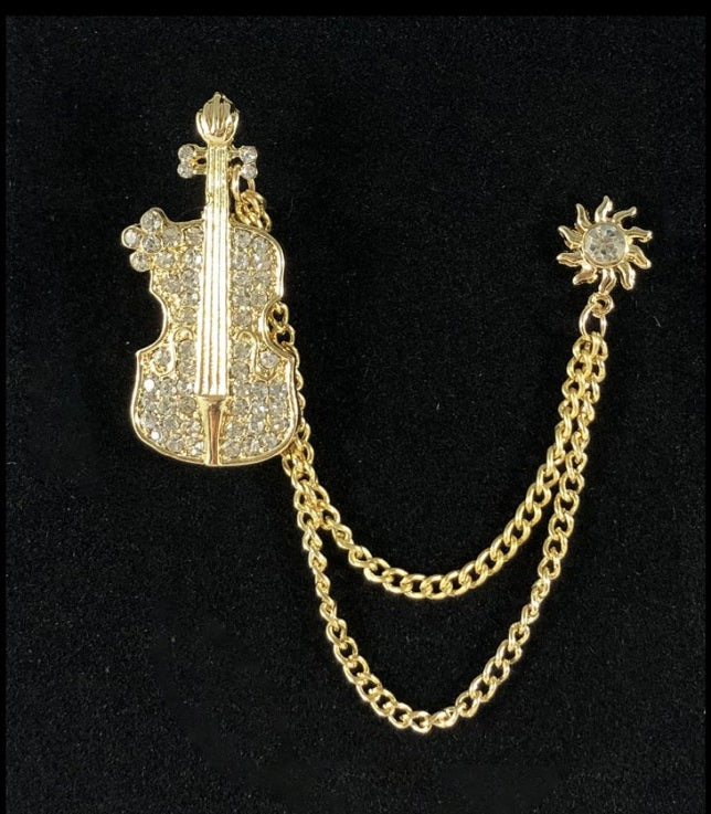 Rhinestone Violin Chain Brooch Lapel Pin