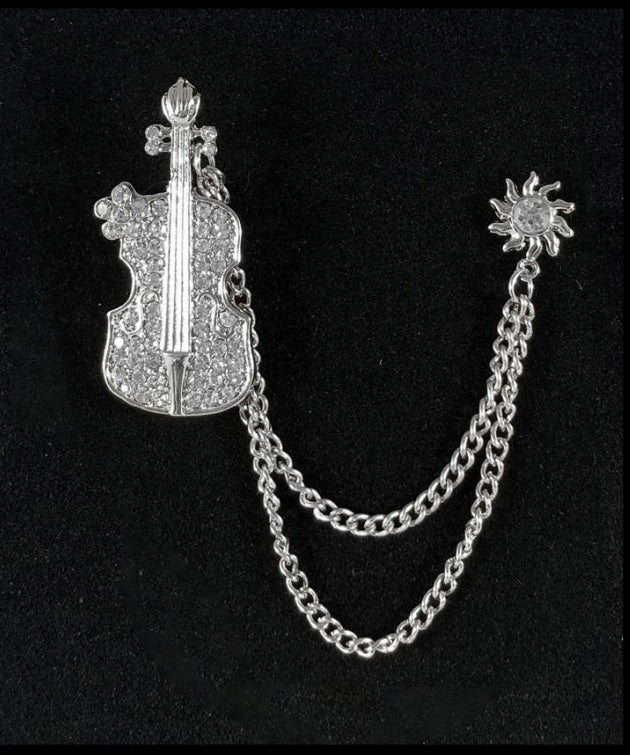 Rhinestone Violin Chain Brooch Lapel Pin