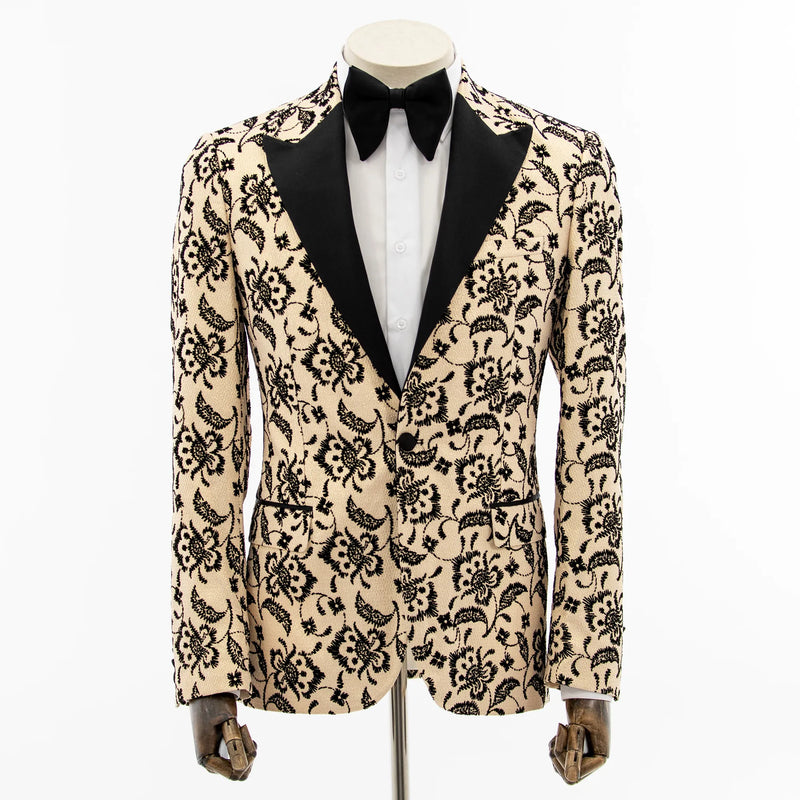 Cream and Black Damask Slim-Fit Tuxedo Jacket