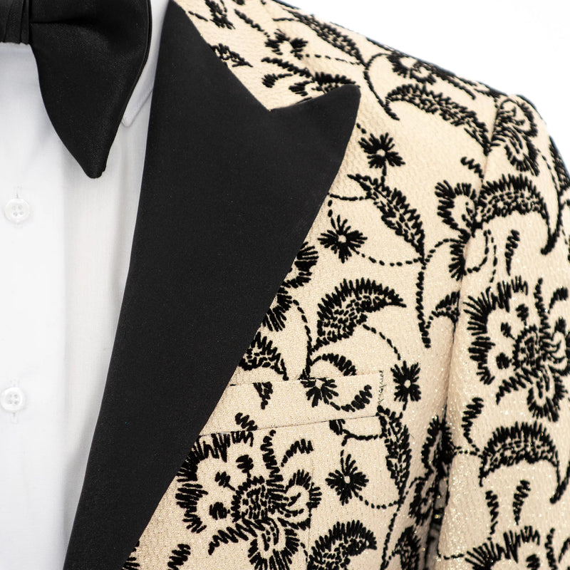 Cream and Black Damask Slim-Fit Tuxedo Jacket