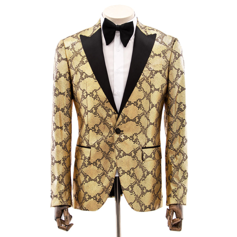 Gold Metallic Qautrefoil Slim-Fit Tuxedo Jacket