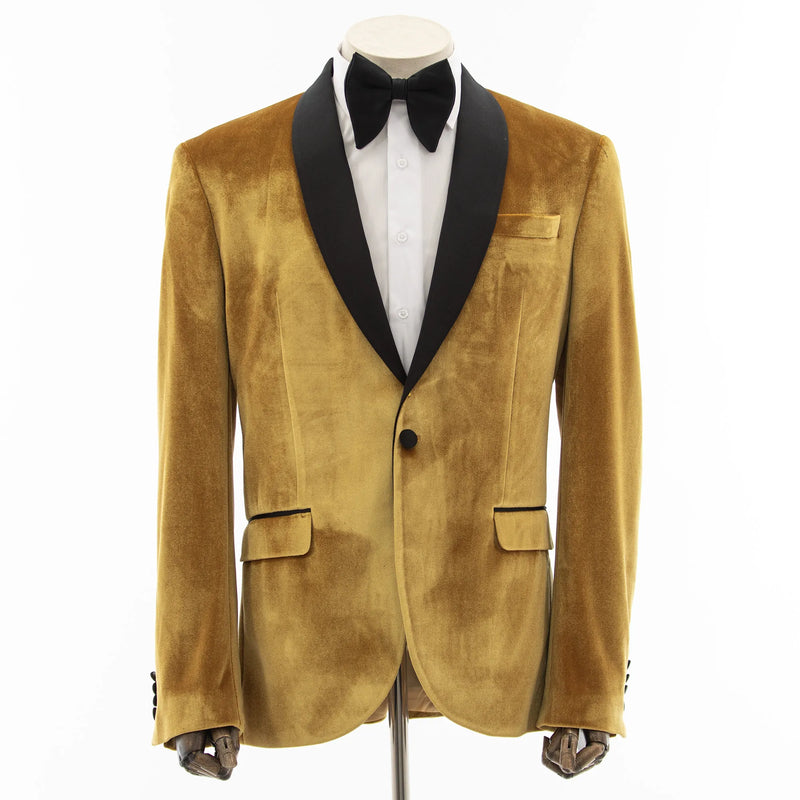 Gold Velvet Slim-Fit Tuxedo Jacket with Shawl Lapels