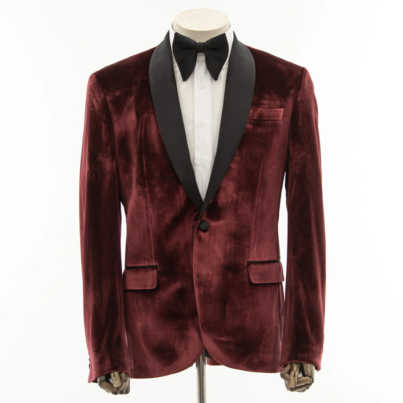 Burgundy Velvet Slim-Fit Tuxedo Jacket with Shawl Lapels
