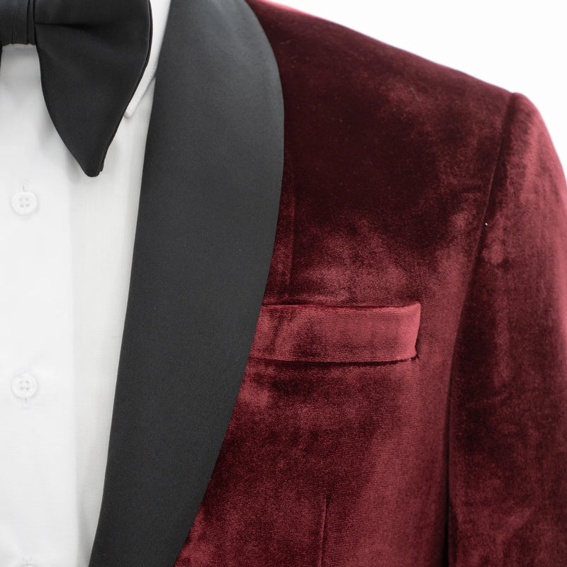 Burgundy Velvet Slim-Fit Tuxedo Jacket with Shawl Lapels