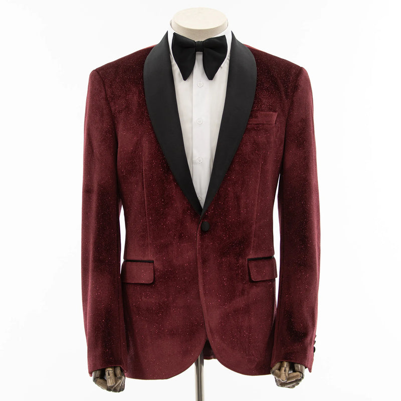 Burgundy Velvet Glitter Slim-Fit Tuxedo Jacket