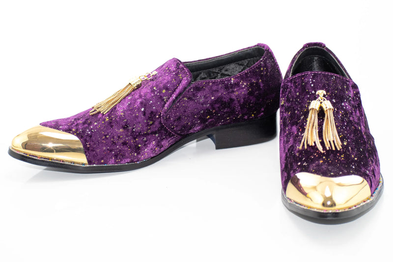 Purple Velvet and Gold Flake Tasseled Smoking Loafer