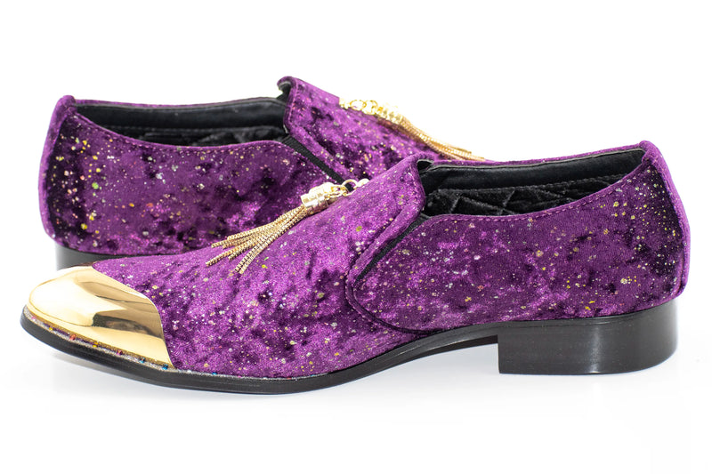 Purple Velvet and Gold Flake Tasseled Smoking Loafer