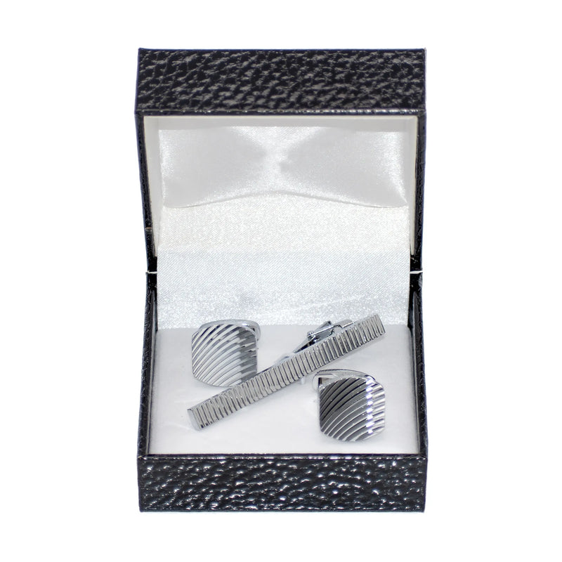 Silver Wave Cufflink Tie-Bar Set