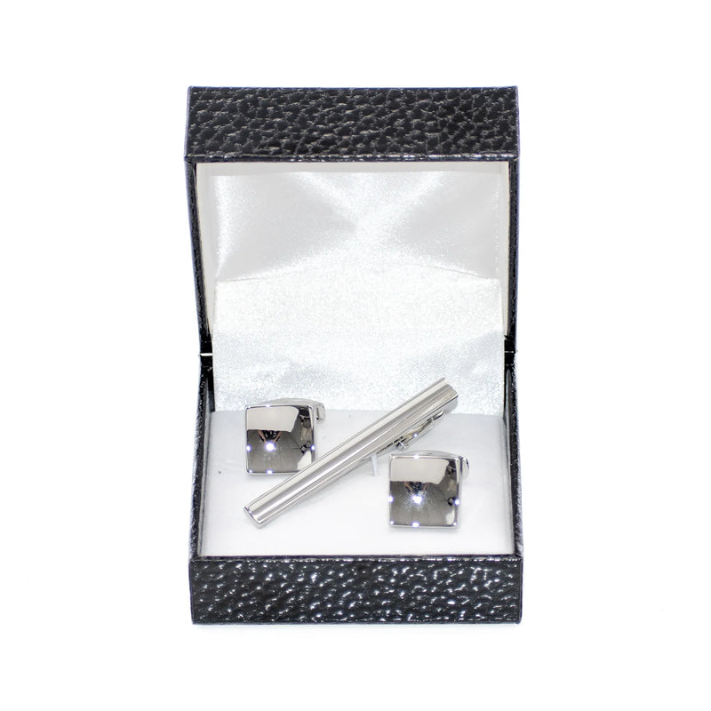 Silver Concaved Square Cufflink Tie-Bar Set