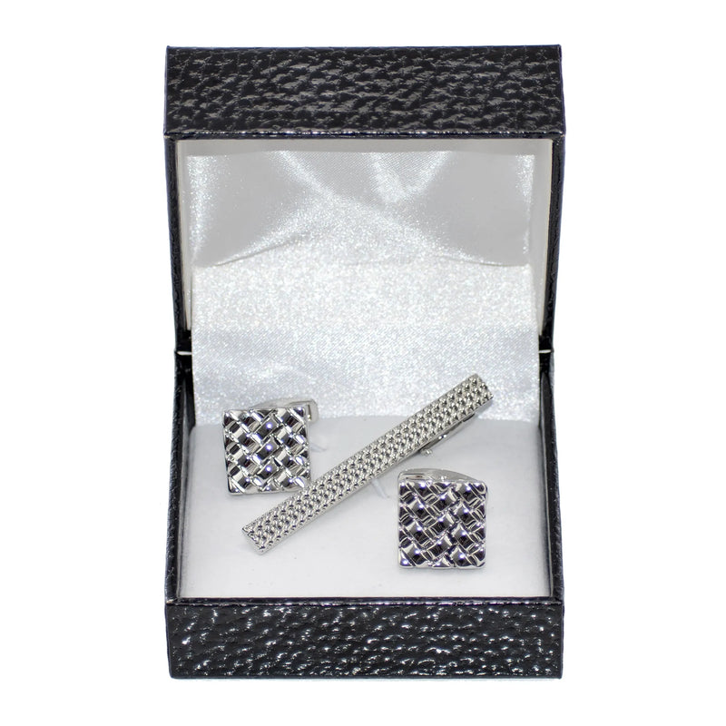 Silver Nugget Cufflink Tie-Bar Set